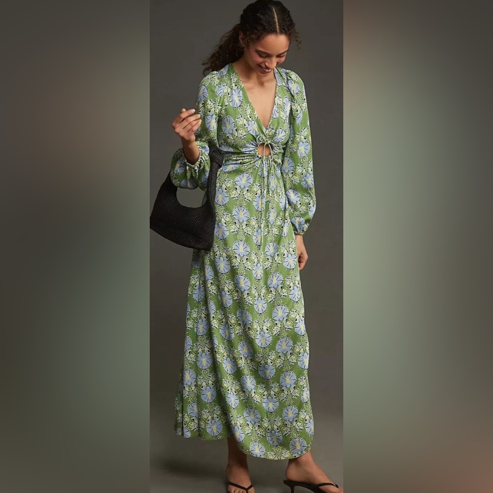 Anthropologie Floral Green Maxi Dress | women’s Xs petite